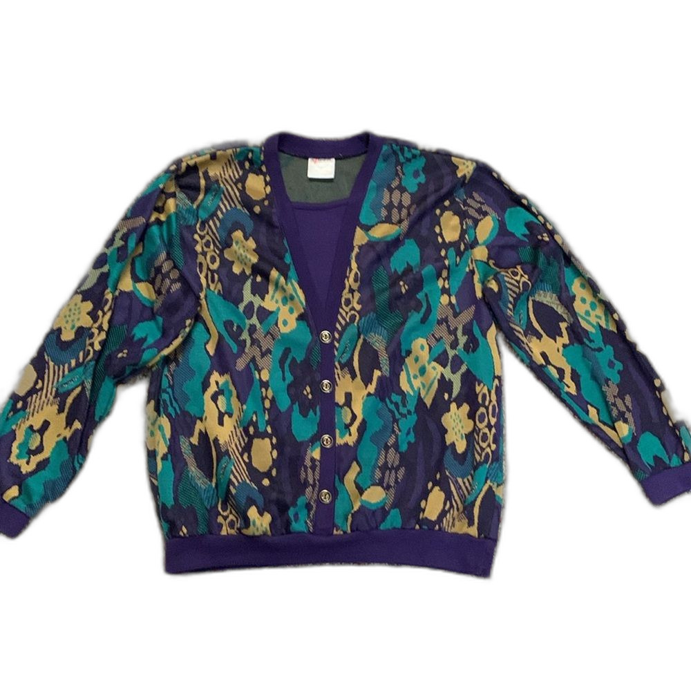 Vintage 80s Aileen Purple Jade Tan Abstract Print 3/4 Sleeves Layer-Look Top L